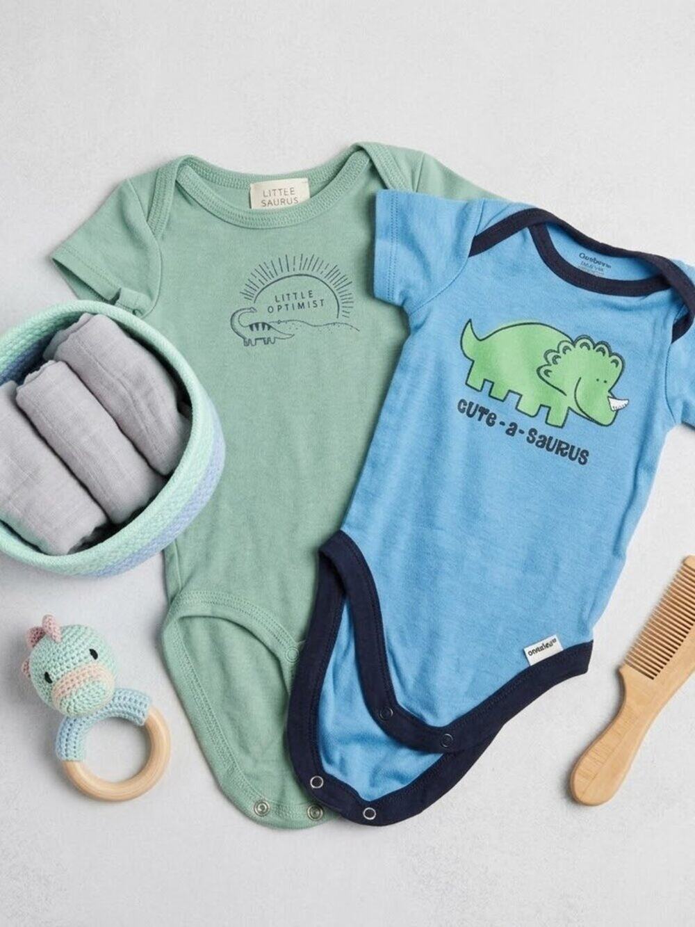 Baby Boy Newborn Dinosaur Bodysuit Lot – 2 Pack (Gerber & Carter's Quality)